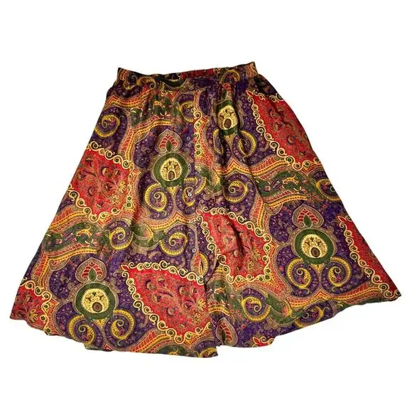 Valerie Stevens Pure Silk Paisley Midi Skirt Women’s 2XL Vintage Boho 90s Retro - Picture 1 of 15